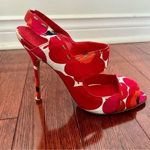 Manolo Blahnik Red Floral Canvas Strappy Heels